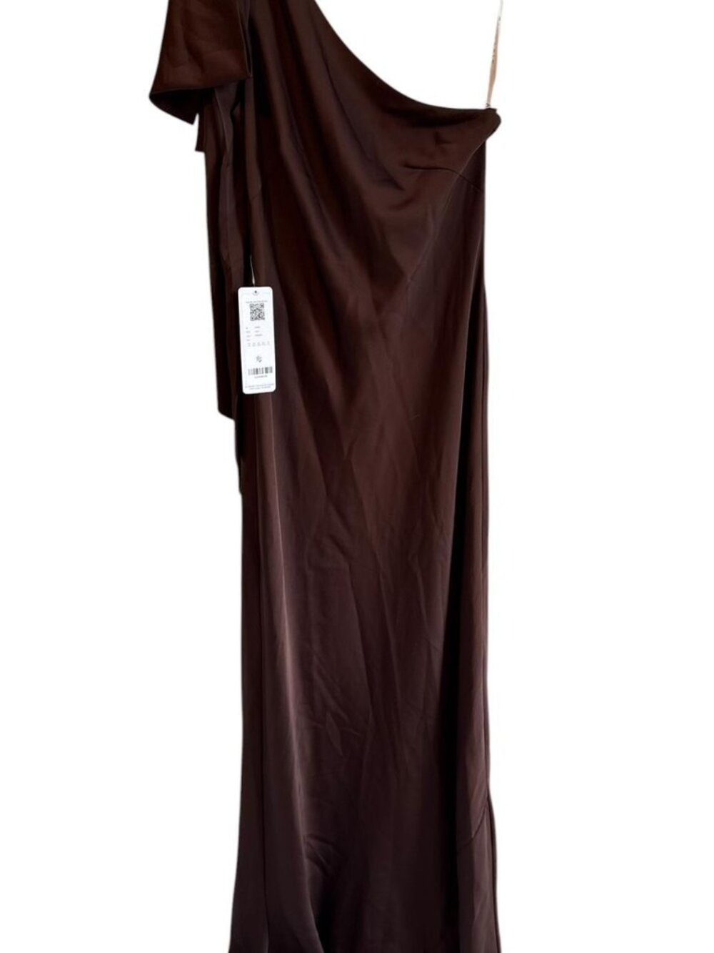 Azazie A6 Capri One Shoulder Dress in Ganache Chocolate Brown Stretch Satin